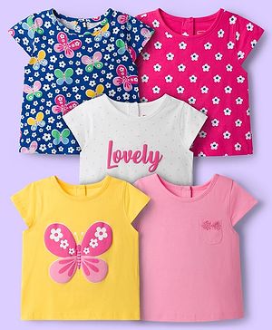Babyhug 100% Cotton Knit Half Sleeves T-Shirts with Floral & Butterfly Print Pack of 5 - Multicolor