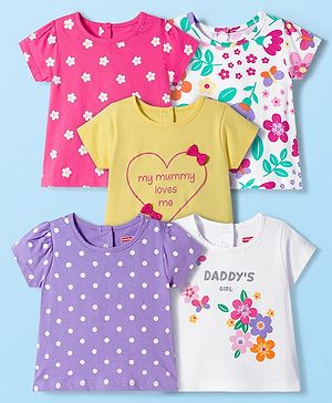 Babyhug 100% Cotton Knit Half Sleeves T-Shirts With Floral & Polka Dot Print Pack of 5 - Multicolor
