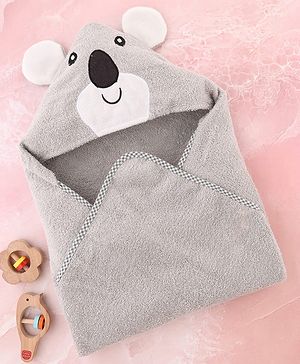Babyhug Cotton Terry Woven Hooded Bath Towel with Koala Print L 73 x B 73 cm - Light Grey