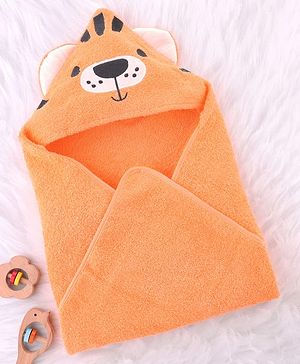 Babyhug Cotton Terry Woven Hooded Bath Towel with Tiger Print L 73 x B 73 cm - Light Orange