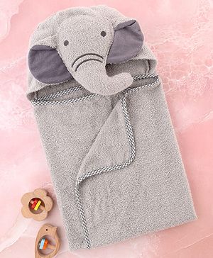 Babyhug Cotton Terry Woven Hooded Bath Towel with Elephant Print L 73 x B 73 cm - Light Grey