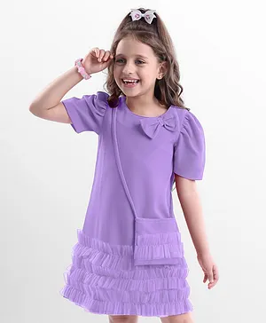 Hola Bonita Knit Half Sleeves
                                  Frock With Bow Applique & Sling
                                  Bag - Lilac