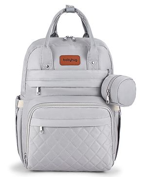 Babyhug Quilted Multipurpose Diaper Backpack with Changing Mat - Grey| Detachable Pacifier Pouch| Adjustable Shoulder Straps| Spacious Multi-Compartment Storage| Wipes Dispenser| Side Bottle Pocket