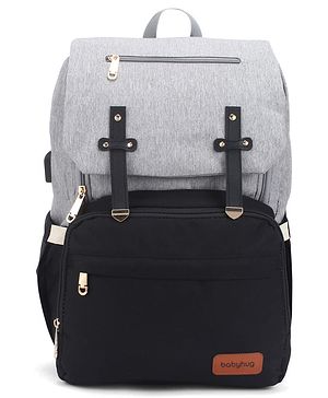 Babyhug Premium Multipurpose Diaper Backpack - Black Grey| USB Charging Port| Insulated Bottle Pockets| Diaper Changing Mat| Padded Shoulder Strap|Side Bottle Pocket|Wipes Dispenser| Water Resistant