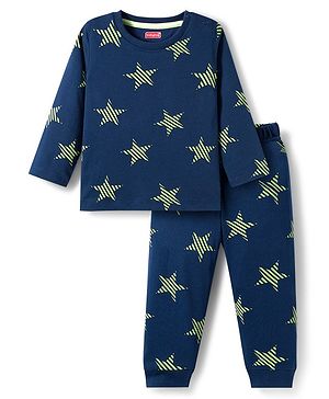 Babyhug Cotton Knit Full Sleeves Co-ords Night Suit With Star Print - Navy Blue