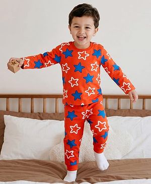 Babyhug Cotton Knit Full Sleeves Co-ords Night Suit With Star Print - Orange