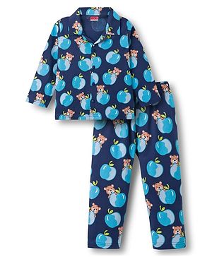 Babyhug Cotton Knit Full Sleeves Co-ords Night Suit With Animal Print - Navy Blue