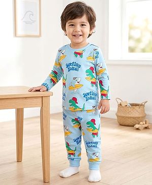Babyhug Cotton Knit Full Sleeves Co-ords Night Suit With Dino Print - Light Blue