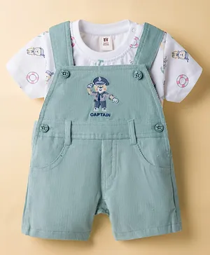 ToffyHouse Cotton Knit Dungaree &
                              Half Sleeves T-Shirt with Nautical Theme
                              Print & Embroidery - Sea Green &
                              White
