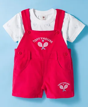ToffyHouse Cotton Knit Half Sleeves
                              Tennis Racket Print T-Shirt with
                              Embroidered Corduroy Dungaree - Red &
                              White