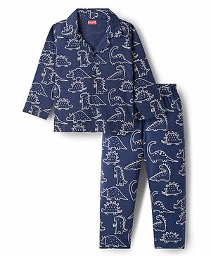 Babyhug Cotton Knit Full Sleeves Co-ords Night Suit With Dino Print - Navy Blue