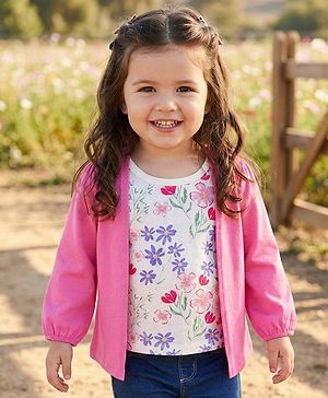 Babyhug 100% Cotton Knit Full Sleeves Top with Attached Shrug Floral Print - Pink