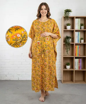 Bella Mama Cotton Woven Half Sleeves
                              Maternity Kaftan With Floral Print -
                              Mustard
