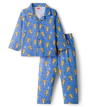Babyhug Cotton Knit Full Sleeves Co-ords Night Suit With Animal Print - Blue