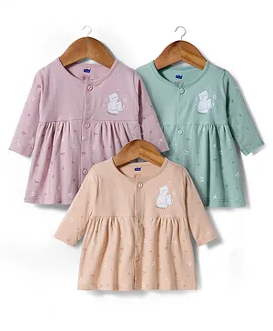 Simply Sinker Knit Full Sleeves
                                  Front Open Frocks With Cat &
                                  Floral Print Pack of 3 - Violet Green
                                  & Beige