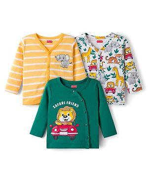Babyhug 100% Cotton Interlock Knit Jhablas With Animal Print Pack Of 3 - Green Yellow & White