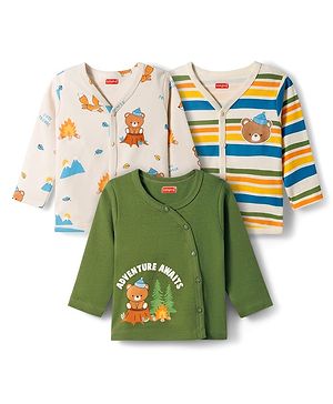 Babyhug 100% Cotton Knit Full Sleeves Striped Jhablas with Bear Print Pack of 3 - Multicolor