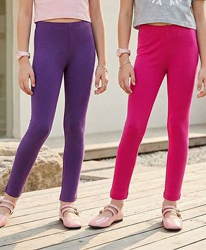 Pine Kids Cotton Lycra Knit Full Length Solid Leggings Pack Of 2 - Fuchsia & Purple