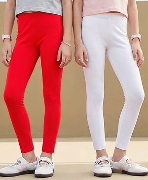 Pine Kids Cotton Lycra Knit Full Length Solid Leggings Pack Of 2 - White & Red