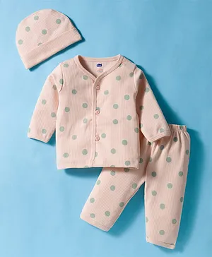 Simply Cotton Knit Full Sleeves
                              Co-Ord Night Suit with Cap and Polka Dot -
                              Ivory