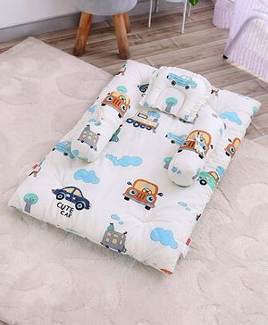 Babyhug 100% Cotton Gadda Bedding Set Cute Car Print - White| Soft & Breathable Cotton Shell| Mattress with Pillow & 2 Bolsters| Gentle Cushioned Support| Gifting Option for 0 to 12 Months