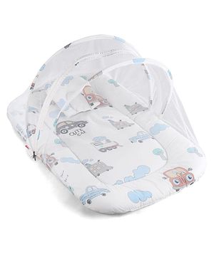 Babyhug 100% Cotton Baby Mattress with Mosquito Net Transport Print - Beige| Soft and Comfortable| Easy Access| Foldable & Travel Friendly| Newborn Gifting Option| Use on Floor Cribs Cots or Cradle