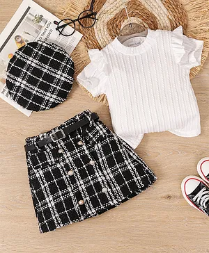 Mark & Mia Half Sleeves Solid Top
                              & Skirt Set With Cap - White &
                              Black