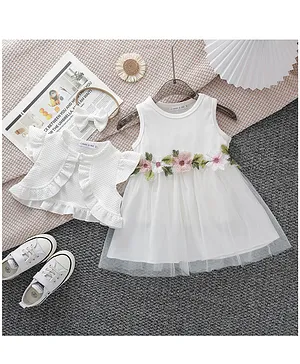 Mark & Mia Sleeveless Solid
                                  Textured & Floral Applique Frock
                                  With Shrug & Headband - White