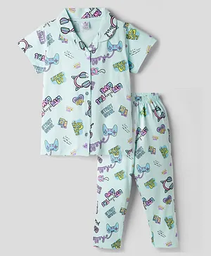 Smarty Girl Sinker Knit Half Sleeves
                              Shirt & Pyjama Co-ord Night Suit with
                              Text Print - Light Blue