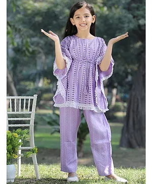 Cutiekins Viscose Rayon Woven Three
                              Fourth Sleeves Abstract Striped Printed
                              Kaftan Kurti & Pant Set -Lavender