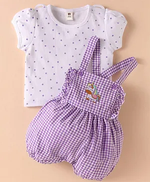 ToffyHouse Cotton Woven Half Sleeves
                              Star Print T-Shirt With Checked Dungaree -
                              Mauve