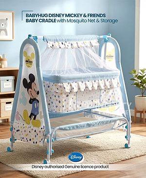 Babyhug Disney Mickey & Friends Baby Cradle with Mosquito Net & Storage  Blue| Tool Free Easy Assemble| Swing Lock| Wheels with Lock| Side Mesh Window| Smootgh Noise Free Swing