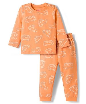 Babyhug Cotton Knit Full Sleeves Co-ords Night Suit With Vehicle Print - Orange