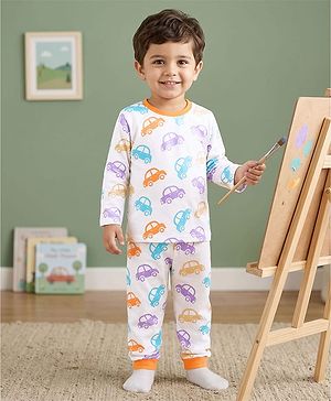Babyhug Cotton Knit Full Sleeves Co-ords Night Suit with Car Print - White