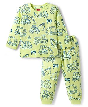 Babyhug Cotton Knit Full Sleeves Night Suit With Vehicle Print - Green