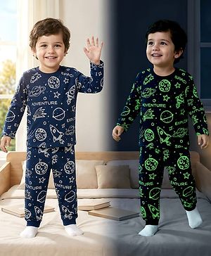 Babyhug Cotton Knit Full Sleeves Co-ords T-Shirt Style & Lounge Pant Night Suit With Space Theme Print - Navy Blue