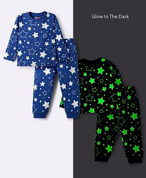 Babyhug Cotton Knit Full Sleeves Co-ords T-Shirt & Pajama Night Suit with Star Print - Navy Blue