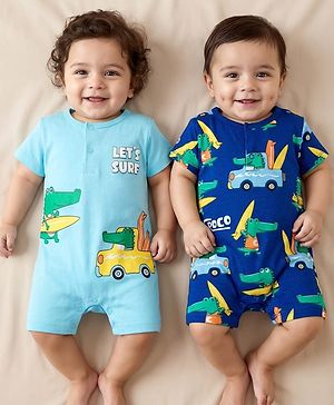 Babyhug 100% Cotton Knit Half Sleeves Rompers with Dino Print Pack of 2 - Navy & Light Blue