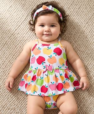 Babyhug 100% Cotton Single Jersey Knit Sleeveless Printed Onesie With Hairband - White
