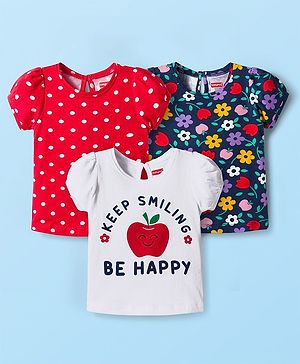 Babyhug Cotton Knit Half Sleeves T-Shirt with Floral & Polka Dot Print Pack of 3 - Red White & Navy Blue