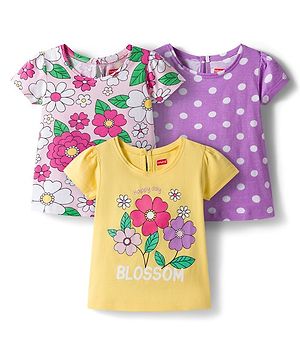 Babyhug Cotton Knit Half Sleeves T-Shirt with Floral & Polka Dot Print Pack of 3 -Plum Yellow & White