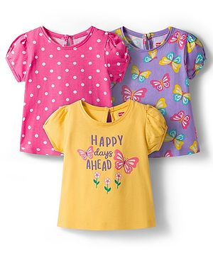 Babyhug Cotton Knit Half Sleeves T-Shirt with Butterfly & Polka Dot Print Pack of 3 - Pink Yellow & Plum