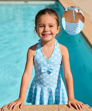 Mark & Mia Sleeveless Frock Swimsuit with
                      Bow Applique & Polka Dot Print - Light Blue