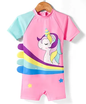 Mark & Mia Half Raglan Sleeves Unicorn
                      Printed Legged Swimsuit with Applique - Pink