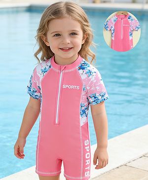 Babyhug Half Raglan Sleeves Floral Printed Legged Swimsuit - Pink