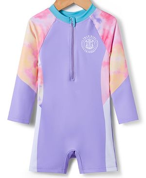 Babyhug Full Raglan Sleeves Printed Legged Swimsuit - Purple