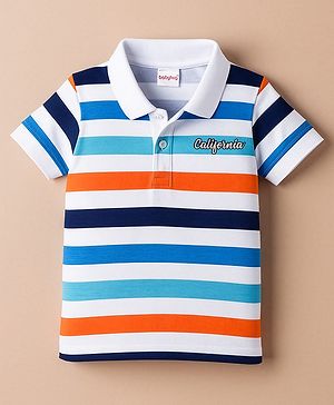 Babyhug 100% Cotton Knit Half Sleeves Polo T-Shirt with Stripes & California Text Print - White