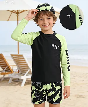 Pine Kids Raglan Full Sleeves Two
                              Piece Swimsuit & Cap Text with Dino
                              Print - Black