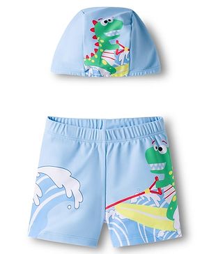 Babyhug Dino Printed Swimming Trunk With Cap - Light Blue