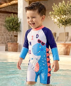 Babyhug Full Raglan Sleeves Legged Swimsuit With Dino Print - Navy Blue